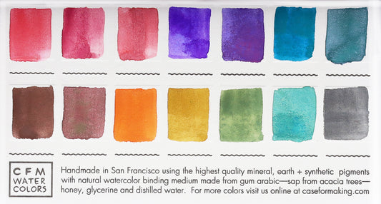 A close-up of the pre-painted swatch card for the 14-Color Ultra-Blends Watercolor Palette.