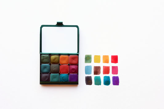 Case for Making pans filled with handmade watercolor paint, ready to be placed into the Ultra-Blends Art Toolkit Watercolor Palettes.