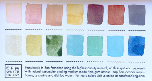 A close-up of the pre-painted swatch card for the 14-Color Desert Watercolor Palette.