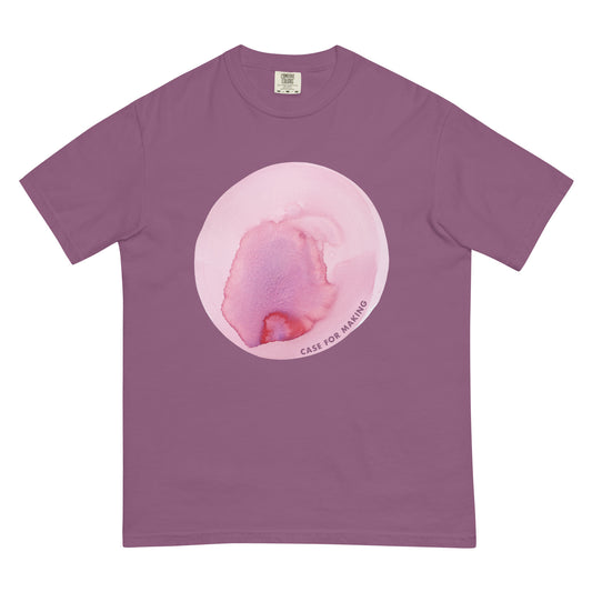 The CfM Blossom Circle Swatch Tee, a Comfort Colors t-shirt printed with a large circle swatch of CfM Blossom watercolor paint.