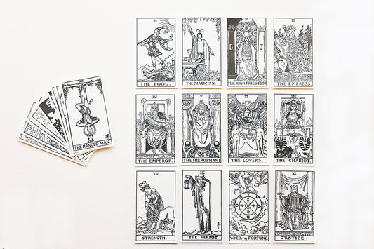 Showing the open pack of Watercolor Tarot Cards. Each card is laid out to view.