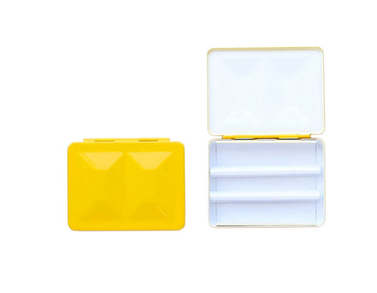The CfM Simple Travel Palette in Glossy Egg Yolk Yellow. Shown closed and open, side by side. The open case features wells in the lid for mixing colors and can fit a removable swatch card.