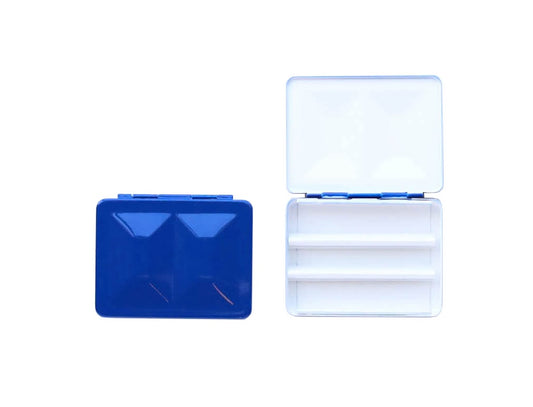The CfM Simple Travel Palette in Glossy Ultramarine Blue. Shown closed and open, side by side. The open case features wells in the lid for mixing colors and can fit a removable swatch card.