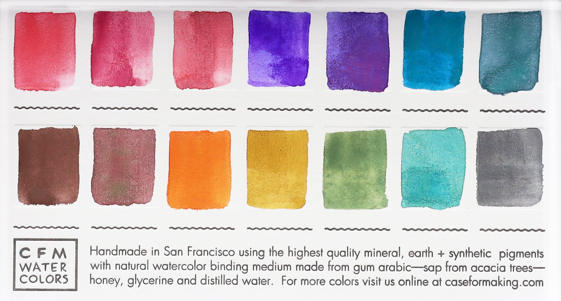 A close-up of the pre-painted swatch card for the 14-Color Ultra-Blends Watercolor Palette.