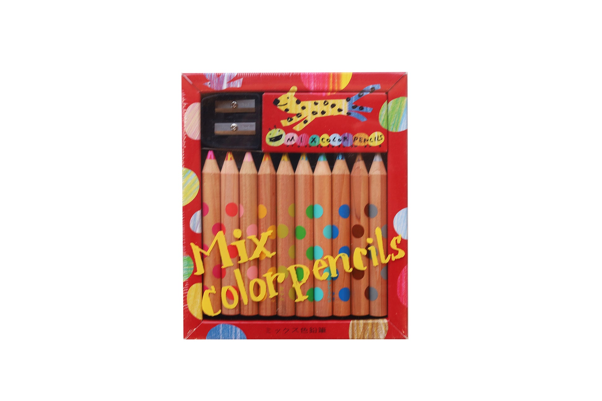 Mix Color Pencils Set, these cute, natural wood color pencils are decorated with fun dots! Set of 10 mini pencils; comes with a double sharpener.