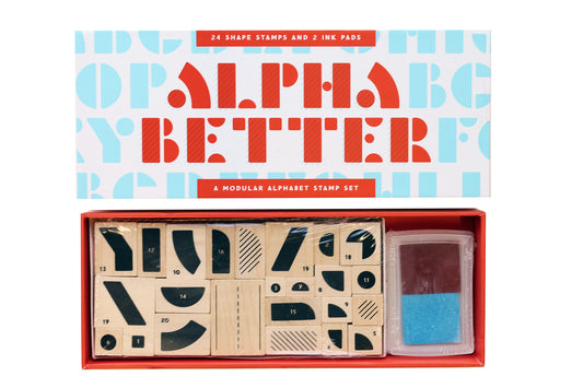 Alpha Better Stamp Set, a unique, modular rubber stamp kit, with 24 geometric stamp shapes you can use to build a retro-inspired font!
