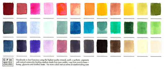 A close-up of the pre-painted swatch card for the 36-Color Ultimate Feels Blends Watercolor Palette.