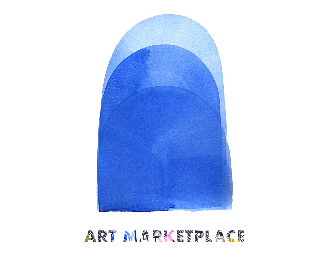 Blue watercolor swatch with 'Art Marketplace' logo at the bottom