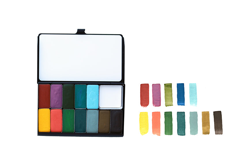 Case for Making pans filled with handmade watercolor paint, ready to be placed into the Lands End Art Toolkit Watercolor Palettes.