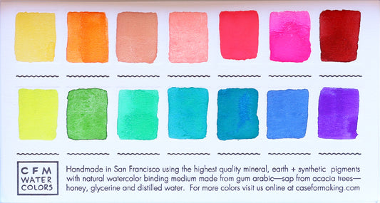 A close-up of the pre-painted swatch card for the 14-Color Bright Blends Watercolor Palette.
