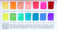 A close-up of the pre-painted swatch card for the 14-Color Bright Blends Watercolor Palette.