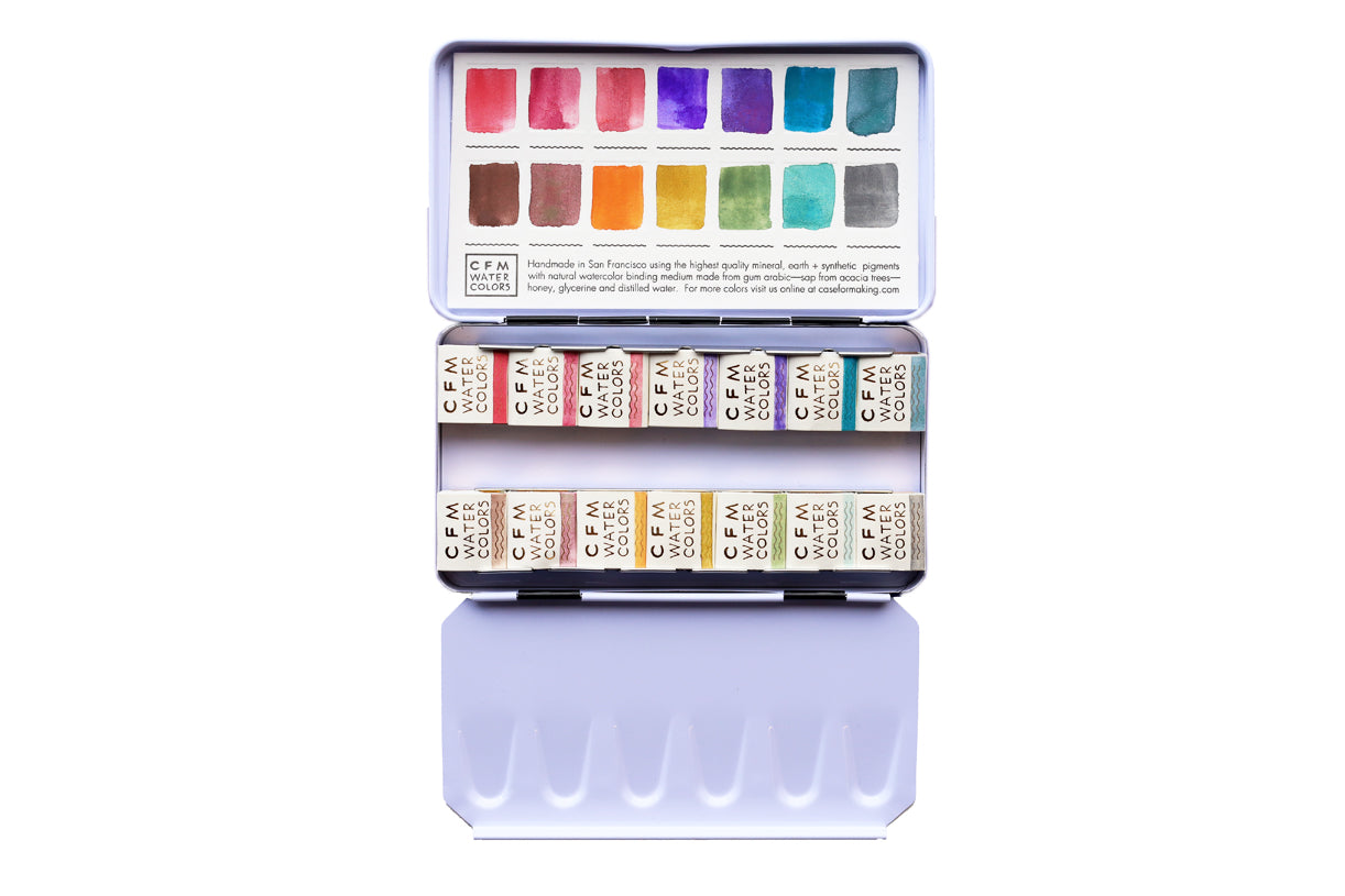 Case for Making pans filled with handmade watercolor paint, ready to be placed into the 14-Color Ultra-Blends Watercolor Palette.
