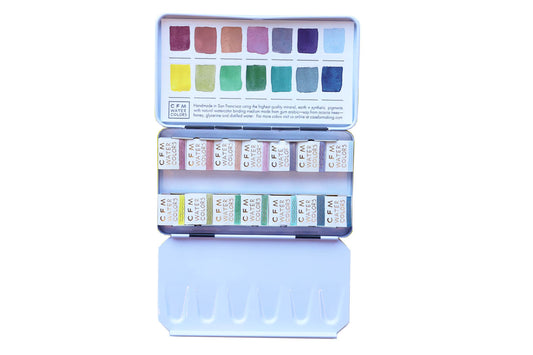 Case for Making pans filled with handmade watercolor paint, ready to be placed into the 14-Color Muted Blends Watercolor Palette.