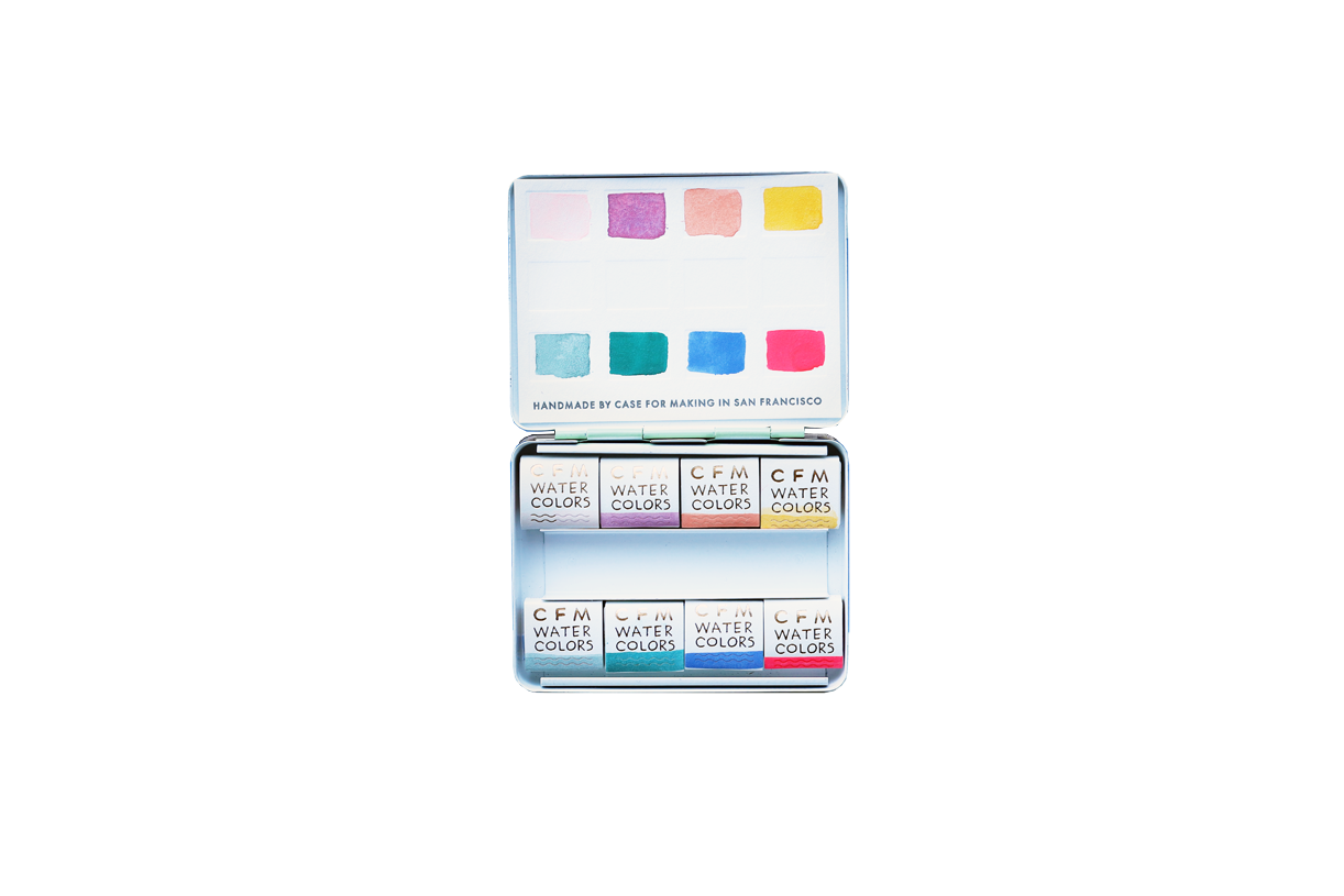 Case for Making pans filled with handmade watercolor paint, ready to be placed into the 8-Color Outer Sunset Watercolor Travel Palette.