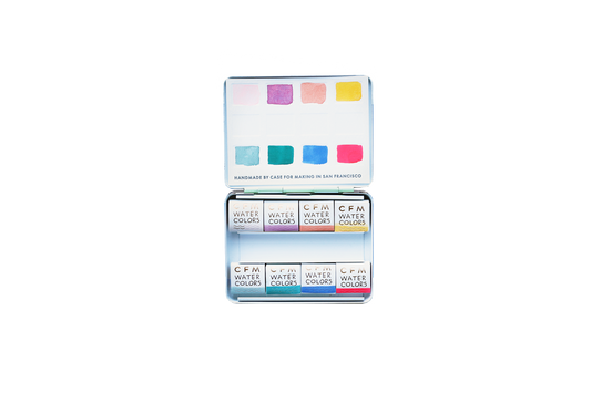 Case for Making pans filled with handmade watercolor paint, ready to be placed into the 8-Color Outer Sunset Watercolor Travel Palette.