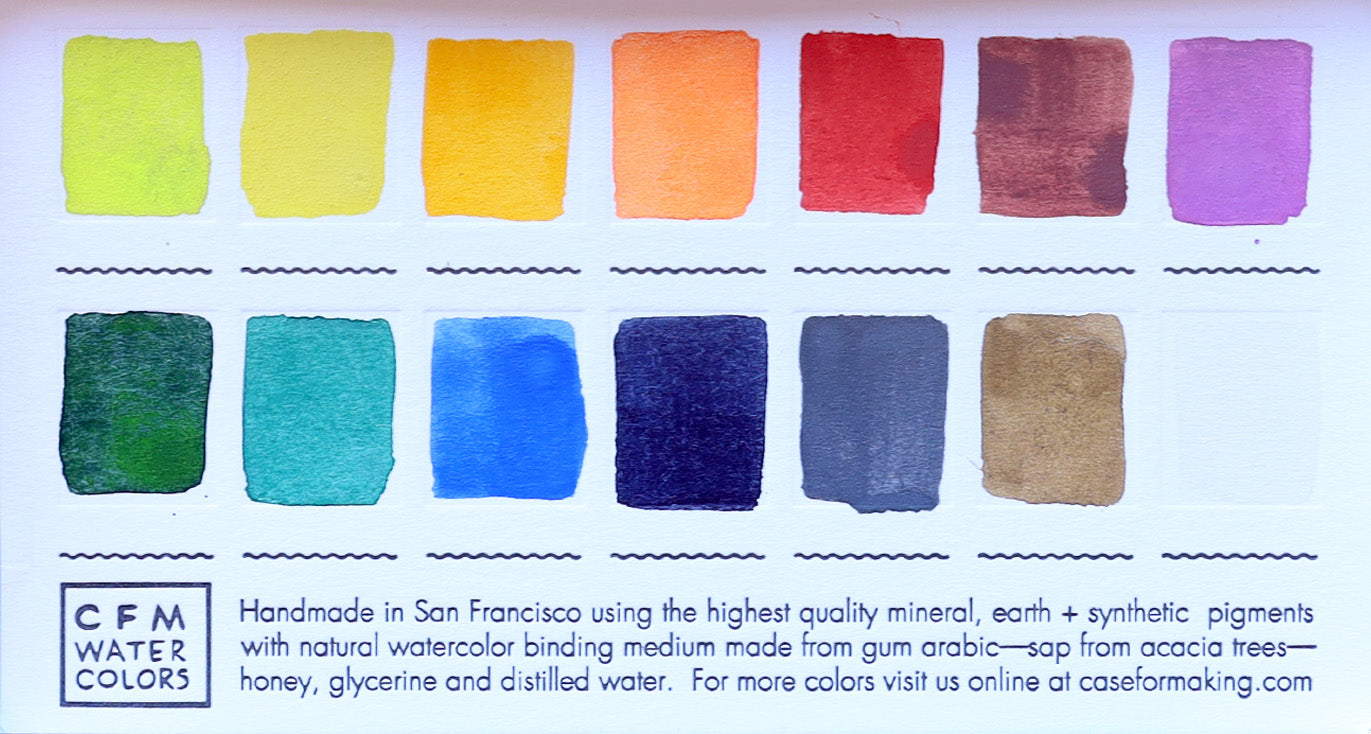 A close-up of the pre-painted swatch card for the 14-Color Coastal Watercolor Palette.