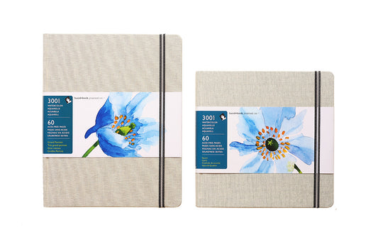 Handbook Travelogue Linen 140 lb. Watercolor Book, bound in natural light grey linen, this hard-cover watercolor journal is ready to go where you go!