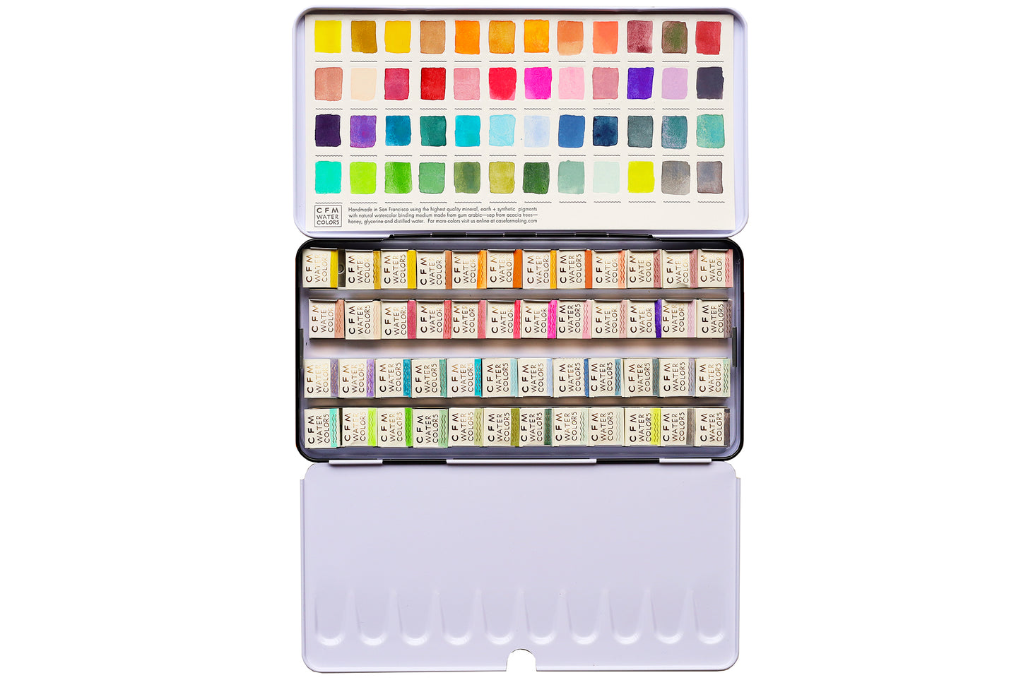 Case for Making pans filled with handmade watercolor paint, ready to be placed into the 48-Color Max Feels Blends Watercolor Palette.