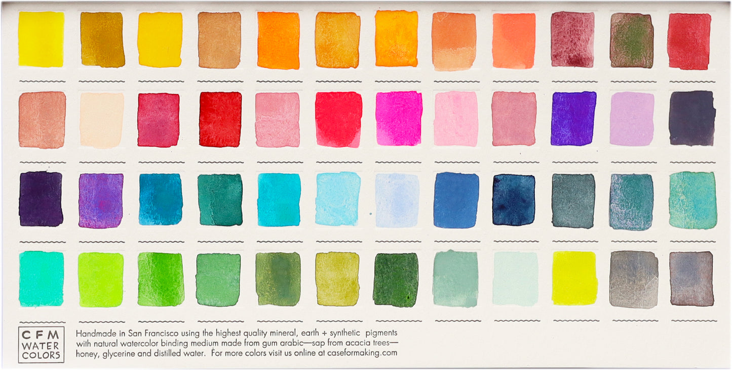 A close-up of the pre-painted swatch card for the 48-Color Max Feels Blends Watercolor Palette.