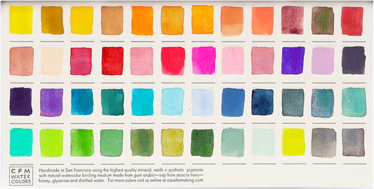 A close-up of the pre-painted swatch card for the 48-Color Max Feels Blends Watercolor Palette.