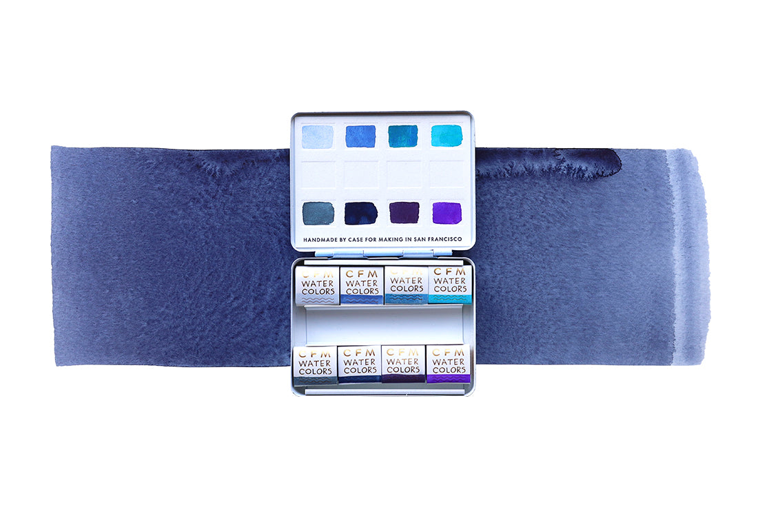 The 8-Color Monochromatic Blue Watercolor Travel Palette, a Case for Making handmade watercolor travel palette.