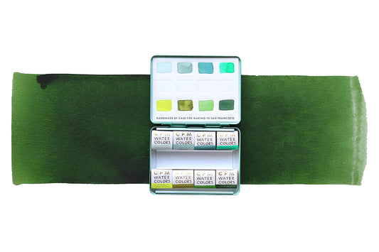 The 8-Color Monochromatic Green Watercolor Travel Palette, a Case for Making handmade watercolor travel palette.