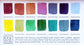 A close-up of the pre-painted swatch card for the 14-Color Muted Blends Watercolor Palette.