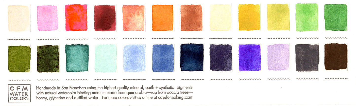 A close-up of the pre-painted swatch card for the 24-Color Seriously, All the Feels Blends Watercolor Palette.