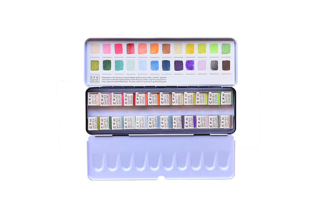 Case for Making pans filled with handmade watercolor paint, ready to be placed into the 24-Color Seriously, All the Feels Blends Watercolor Palette.