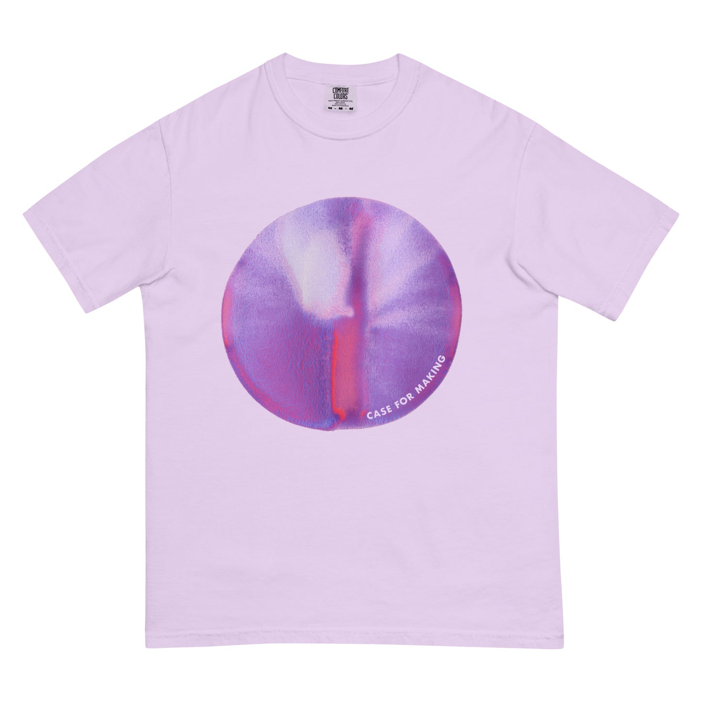 The CfM Nebula Circle Swatch Tee, a Comfort Colors t-shirt printed with a large circle swatch of CfM Nebula watercolor paint.