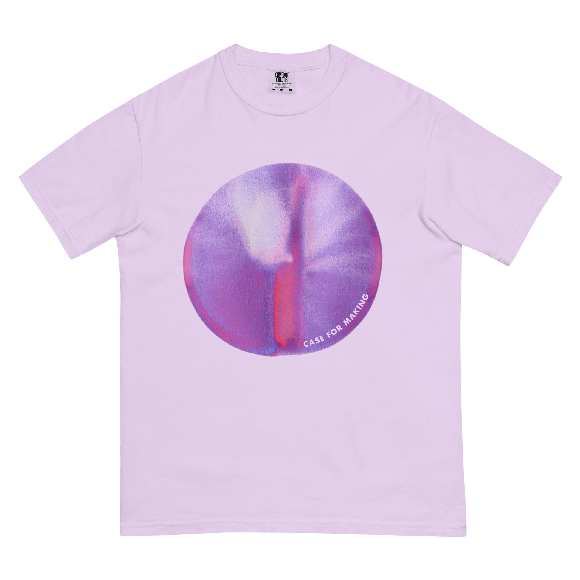 The CfM Nebula Circle Swatch Tee, a Comfort Colors t-shirt printed with a large circle swatch of CfM Nebula watercolor paint.