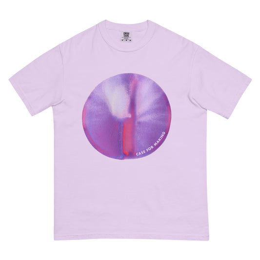 The CfM Nebula Circle Swatch Tee, a Comfort Colors t-shirt printed with a large circle swatch of CfM Nebula watercolor paint.