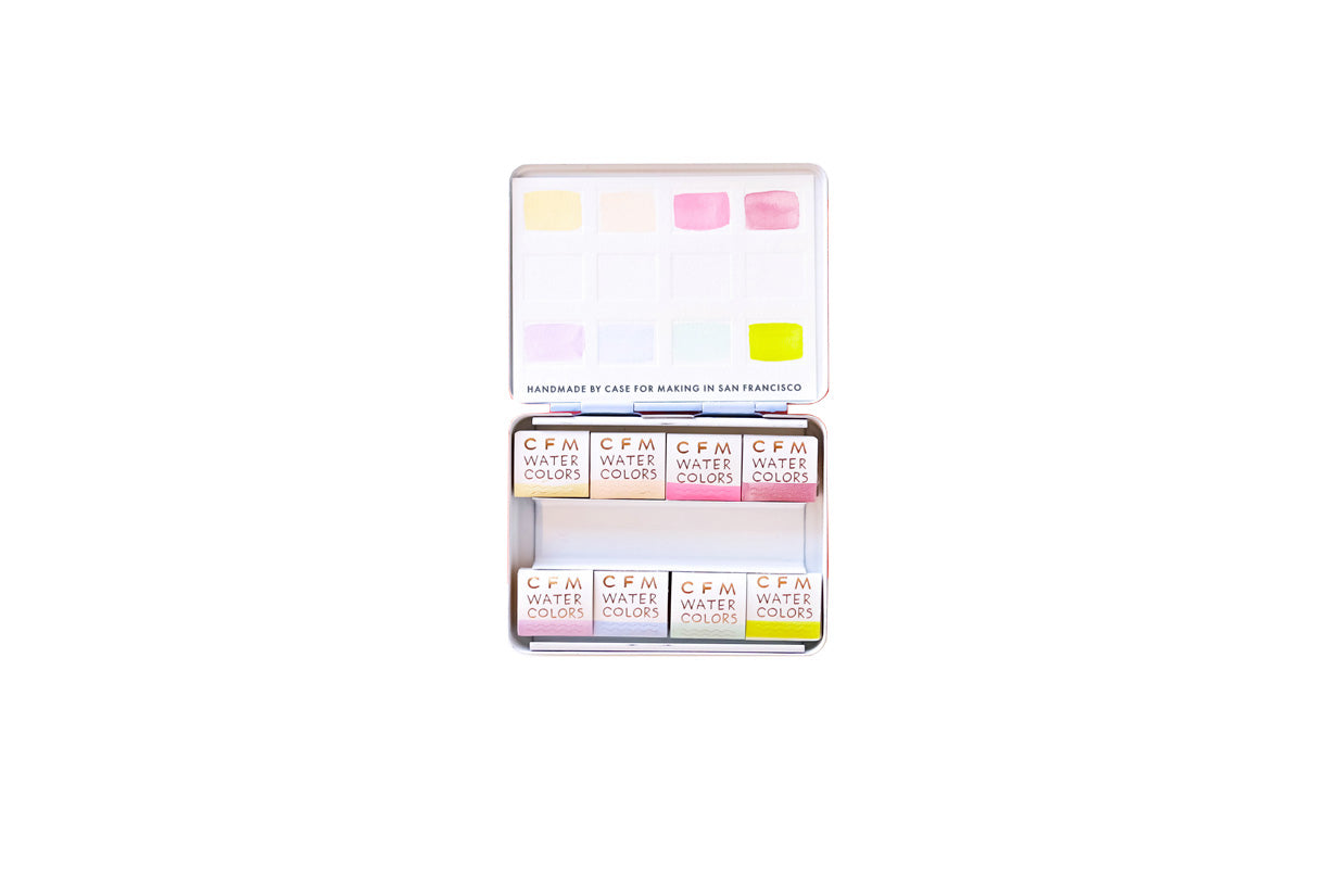 Case for Making pans filled with handmade watercolor paint, ready to be placed into the 8-Color Pastel Blends Watercolor Travel Palette.