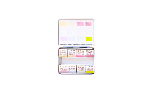 Case for Making pans filled with handmade watercolor paint, ready to be placed into the 8-Color Pastel Blends Watercolor Travel Palette.