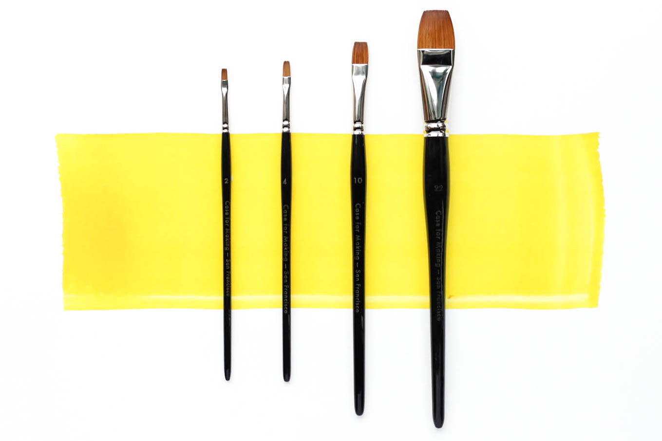 Four sizes in a row of Case for Making Flat Brushes.  From left to right: size 2, size 4, size 10, size 22.