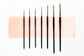 Seven sizes in a row of the Case for Making Round Brushes.  From left to right: size 3/0, size 0, size 1, size 2, size 4, size 6, size 8.