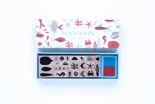 Sea Stamp Set, make sea worlds from the depths of your imagination with this cool stamp set! Includes 25 stamps and a 2-color blue/red ink pad.