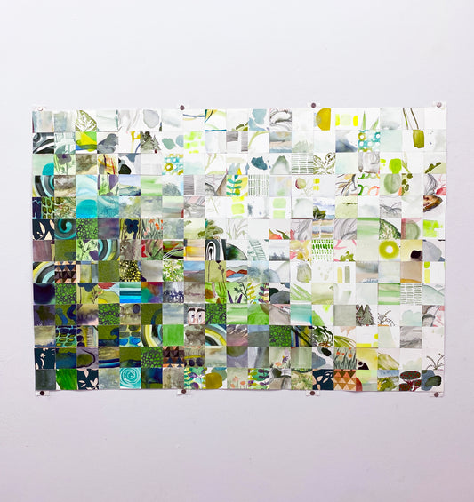 Green Quilt, this large paper quilts is composed of many 2" x 2" squares of original watercolor artwork sent to us by our amazing, generous community.