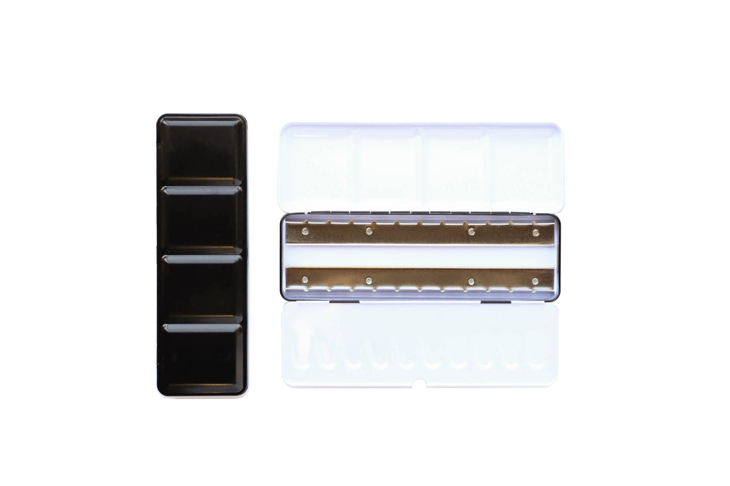 Medium Empty Palette - a closed palette beside an open palette.  The exterior is shiny black and the inside is shiny white with mixing space in the lids.  Interior shows 2 empty metal rows that the pans of watercolor clip securely into. 