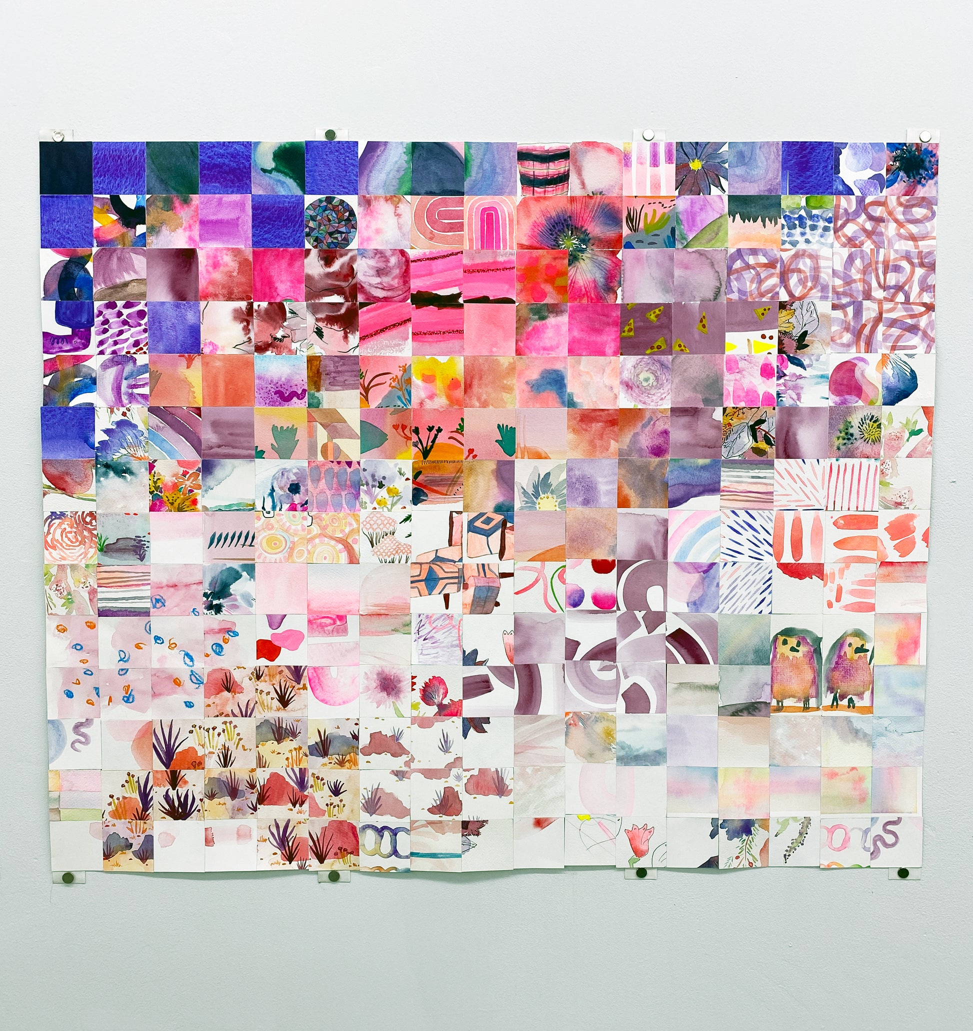 Pink/Purple Quilt, this large paper quilts is composed of many 2" x 2" squares of original watercolor artwork sent to us by our amazing…